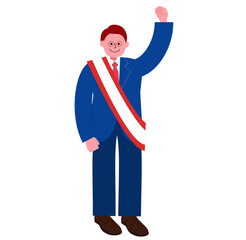 拳を突き上げて決意を固めるスーツを着た襷掛けをしたメガネの男性の全身のイラスト