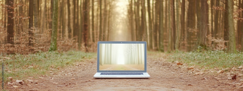 Poster minimalist laptop in forest path blending technology and nature in soft pastels