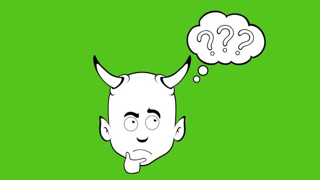 video drawing animation emoji face demon character cartoon illustration, in a doubtful or thinking expression and a thought cloud with question marks, sketch drawn in black and white color