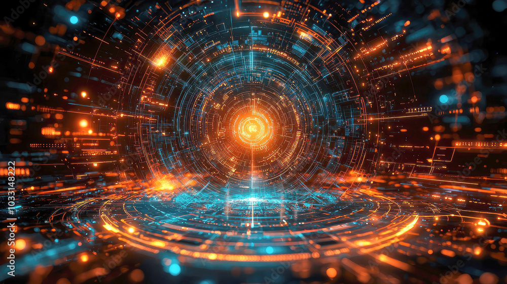Poster a futuristic digital tunnel with glowing orange and blue lines and circular patterns.
