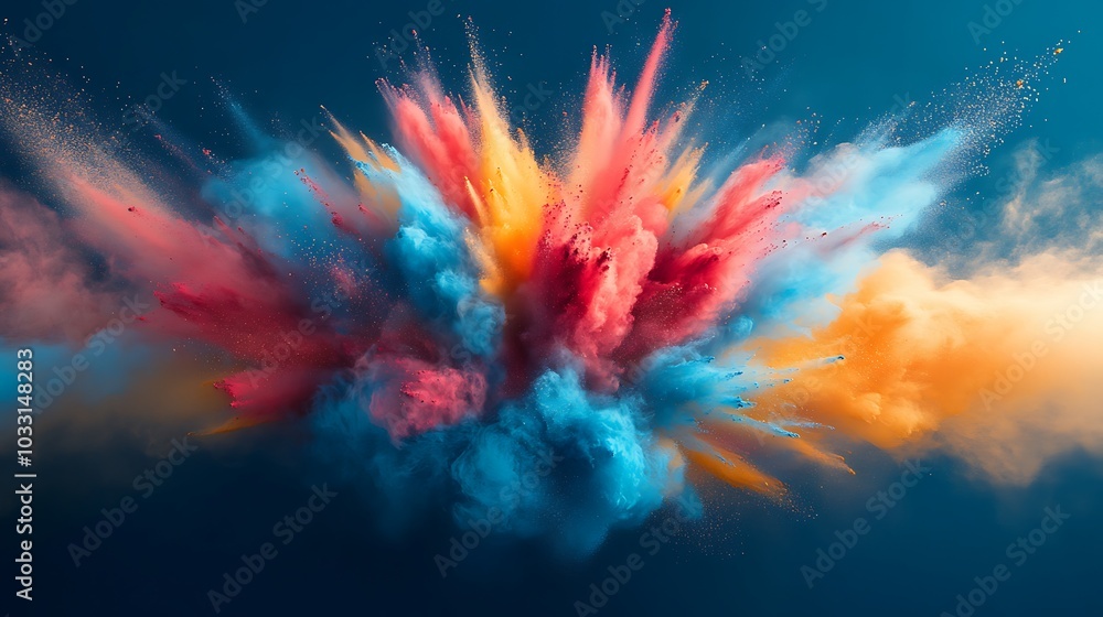 Leinwandbilder a vibrant explosion of colorful powder against a blue background, creating a dynamic and artistic vi