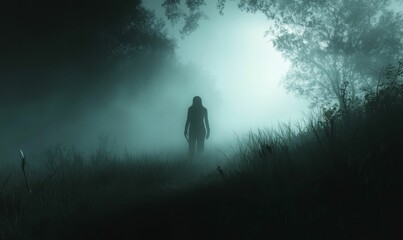 Fototapeta premium Silhouette figure stands in misty woods.
