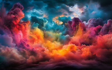 A vivid explosion of colorful clouds, blending hues of blue, orange, and purple, creating a dramatic and surreal sky.