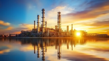 Fototapeta premium Oil refinery plant reflecting on still water at dawn, showcasing industrial structures against vibrant sky. serene water adds tranquil touch to bustling energy of refinery