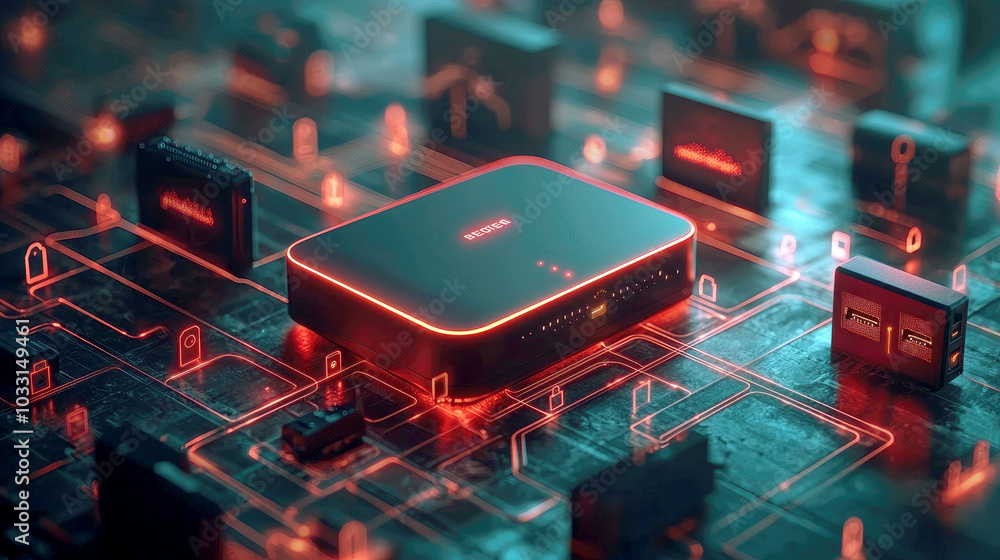 Poster a futuristic network device surrounded by digital circuits and components.