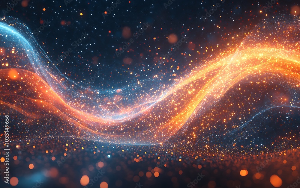 Poster an abstract image featuring vibrant waves of orange and blue light, interspersed with sparkling part