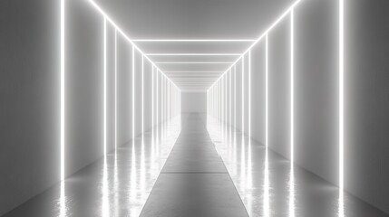 Empty white room with glowing lines and spotlights on walls