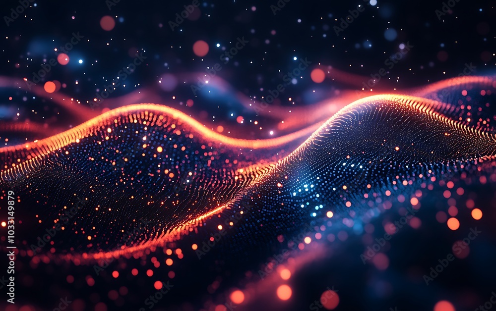 Leinwandbilder A vibrant, abstract visualization of flowing waves composed of glowing particles in rich colors against a dark background.