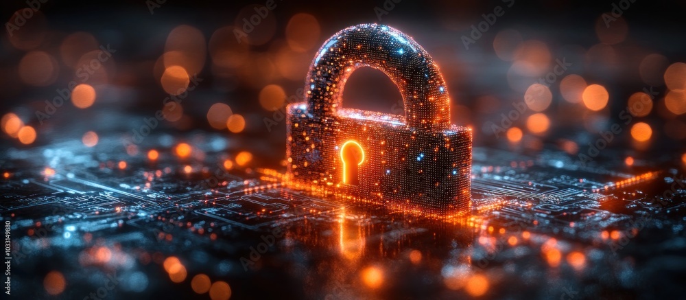 Poster a glowing padlock on a circuit board, symbolizing digital security and encryption.