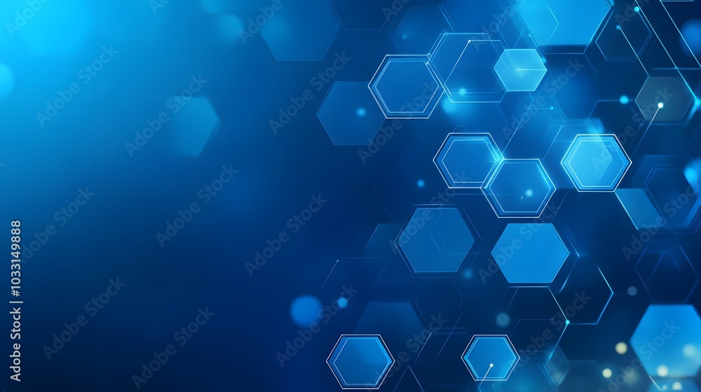 Poster abstract blue hexagon pattern with glowing lines and bokeh lights
