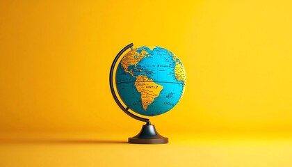 A vibrant globe resting on a stand against a bright yellow background, symbolizing geography and exploration.