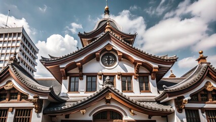Fototapeta premium A traditional Japanese temple with intricate details and a curved roof against a bright blue sky.