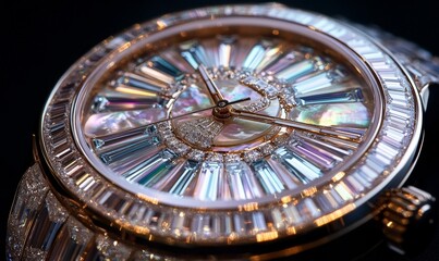 Obraz premium Diamond-encrusted gold watch face with mother-of-pearl.