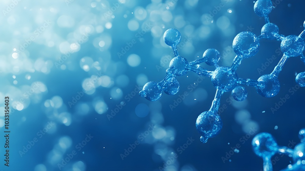 Poster a 3d render of a blue molecular structure against a bokeh background