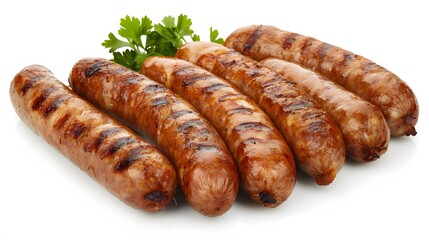 grilled sausages on white background.