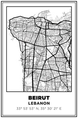 Obraz premium Black and white printable Street map art Beirut city, Lebanon. Travel poster with coordinates, poster design, Modern Poster Wall Art Home Decor Ready to Printable