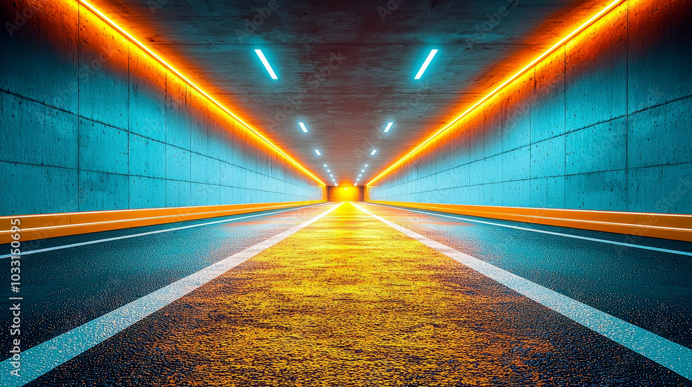 Poster a futuristic tunnel illuminated by vibrant neon lights, creating a dynamic perspective.