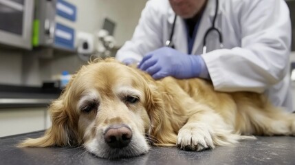 a veterinarian examining a dog during a routine check-up.