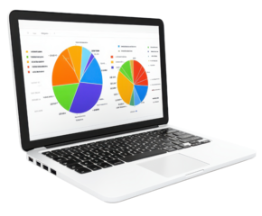 Laptop displaying colorful data charts
