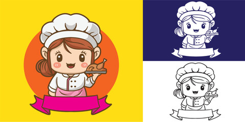 set of girl mascot with chef outfit good for logo, sticker, mascot character, avatar, etc