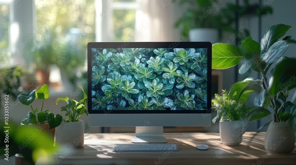 Poster a serene workspace featuring a computer displaying greenery and surrounding plants.