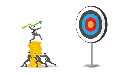 A businessman throws a green arrow like a javelin on coins stack to business goal. Teamwork of financial success, ambition to target, investment strategy, performance at work, and career opportunity