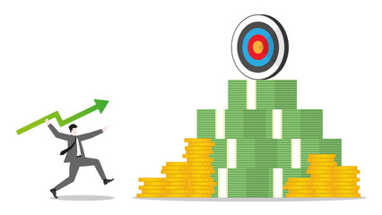 A businessman throws a green arrow like a javelinto a business goal  on money stack. Concept of financial success, ambition to target, investment strategy, performance at work, and career opportunity