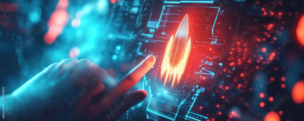 Poster futuristic technology interaction with virtual interface in neon glow setting