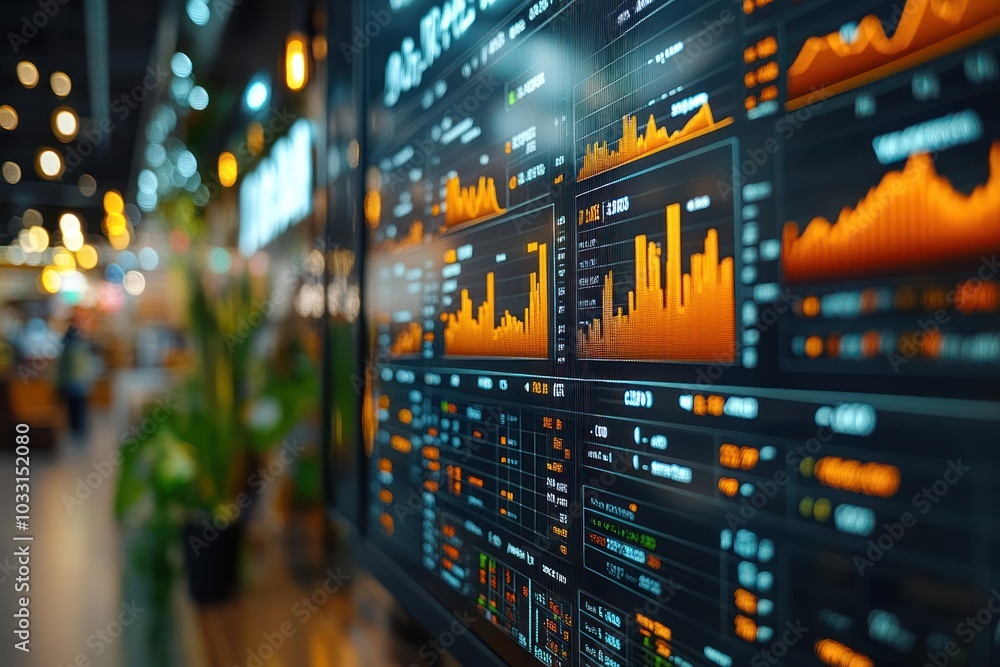 Poster a digital display showing financial graphs and data trends in a modern business environment.