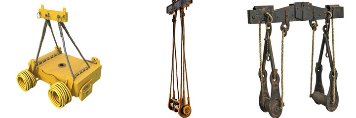 The image features three types of cranes: a yellow mobile crane, a traditional pulley crane, and a heavy-duty overhead crane, showcasing diverse lifting mechanisms.