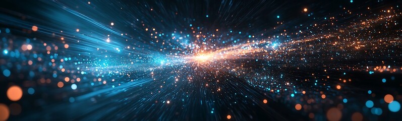 Obraz premium ### Description A stunning display of vibrant particles and light beams in a cosmic style, creating a sense of depth and motion.