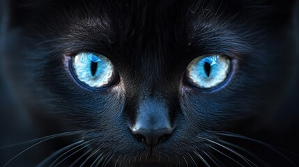 A stunning close-up of a black cat with striking white eyes