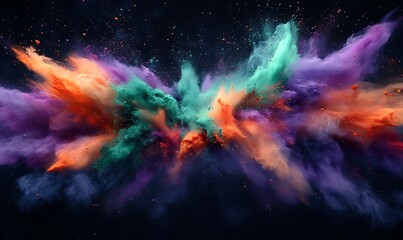 A vibrant explosion of color swirls against a dark background, showcasing dynamic blends of purple, orange, green, and blue, evoking a sense of creativity and energy.