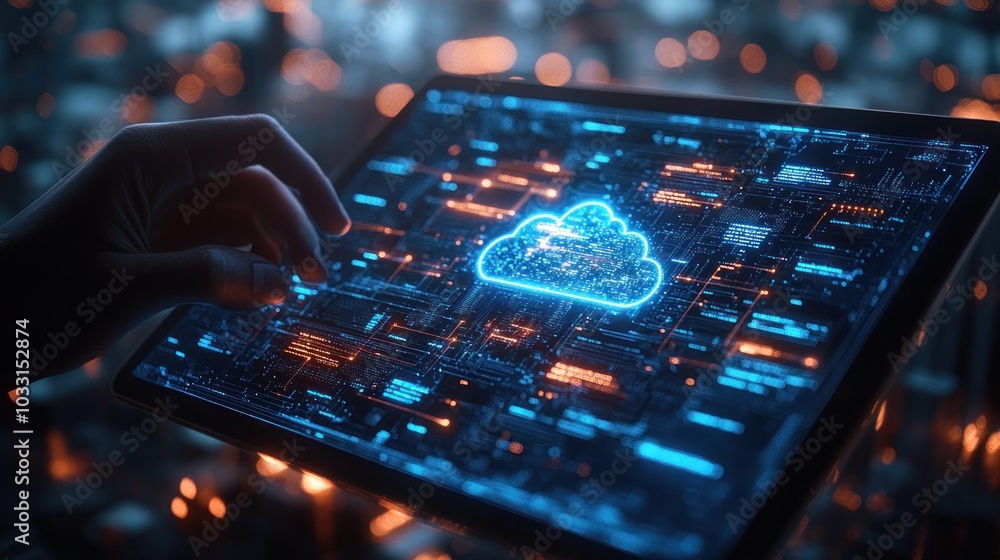 Poster a hand interacts with a digital cloud symbol on a circuit board interface.