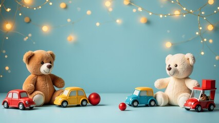 Frame for text with cute teddy bears, colorful toy cars and Christmas ornaments on light blue background. The cozy scene, decorated with lights. Banner for children shop with warm holiday atmosphere