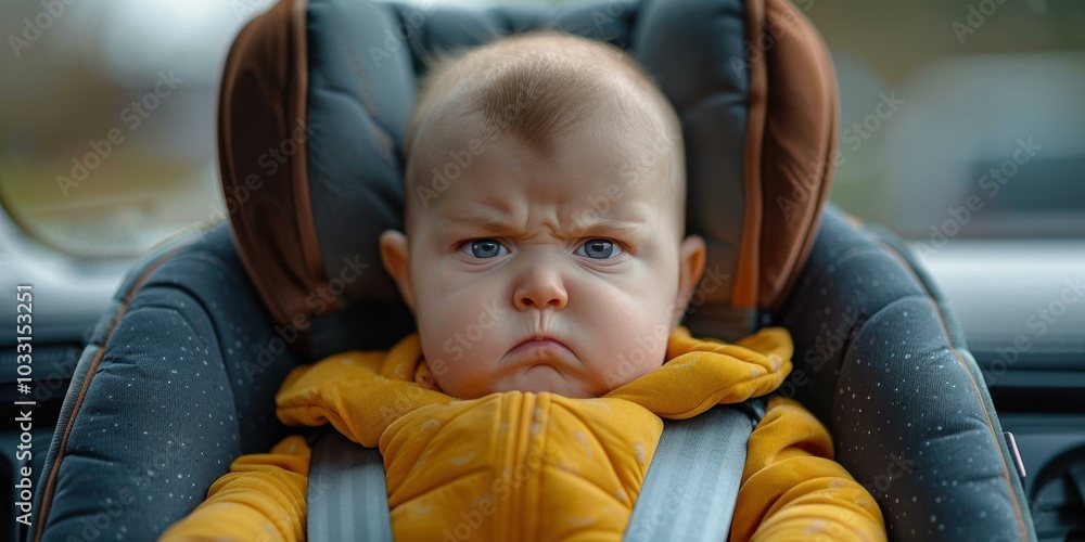 Sticker A baby in a car seat looks unhappy. AI.