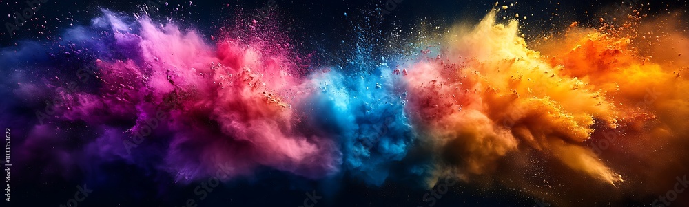 Poster a vibrant explosion of colorful dust particles creates a mesmerizing abstract scene, blending hues o