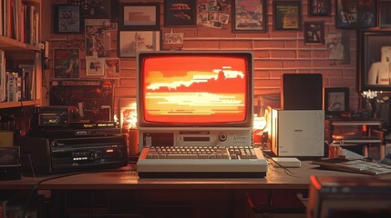 A retro computer setup with a vibrant screen, surrounded by nostalgic decor and equipment.