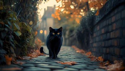 Black cat walking confidently along a cobblestone path - friday the 13th. Halloween