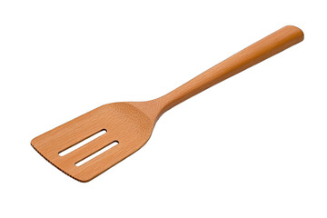 A wooden spatula designed for cooking, featuring a flat surface and slotted design for easily flipping and serving food.