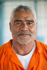 Obraz premium Mugshot of middle aged Maori man wearing orange jumpsuit and white t shirt in prison