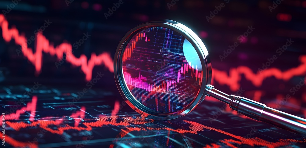 Poster a magnifying glass over an interactive graph displaying stock market trends, symbolizing the importa