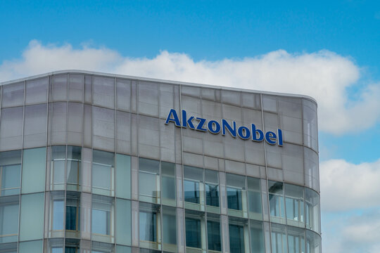AkzoNobel logo at the office in Amsterdam, It&rsquo;s a Dutch multinational with operations in the field of coatings and (specialty) chemicals. Amsterdam, the Netherlands. 16 March 2024. 