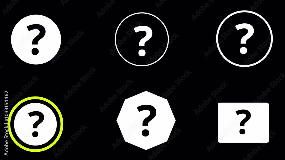 Poster question marks icon set animation on black background, different type of frequently questions marks 
