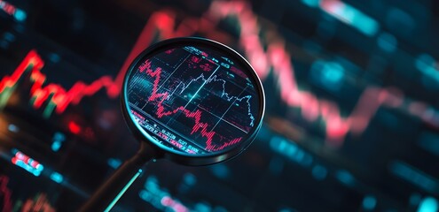 A magnifying glass over an interactive graph displaying stock market trends, symbolizing the importance of historical trading data in day trading. A softly blurred background featuring pastel colors