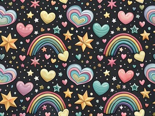 Naklejka premium Pastel Hearts and Rainbows Seamless Pattern for Kids Apparel and Decor