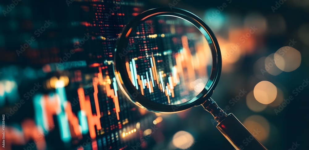 Poster a magnifying glass over an interactive graph displaying stock market trends, symbolizing the importa