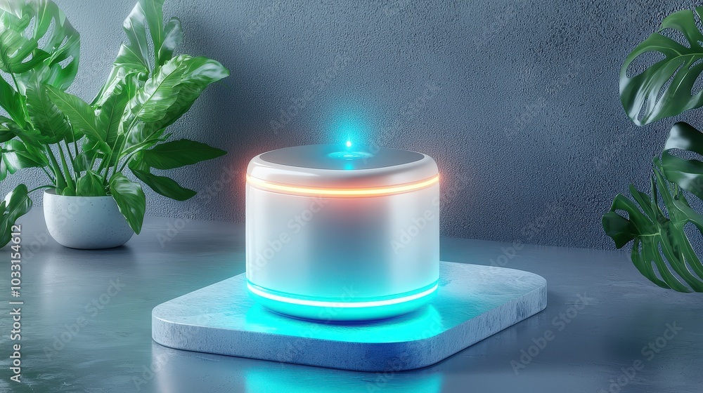 Aufkleber a close-up of a smart home hub device illuminated with a gentle glow, set against a textured gray ba