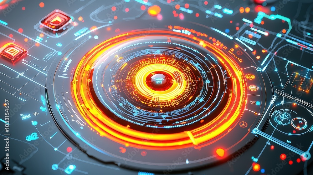 Poster a close-up of the glowing interface of a smart home hub device, with a soft gray background enhancin