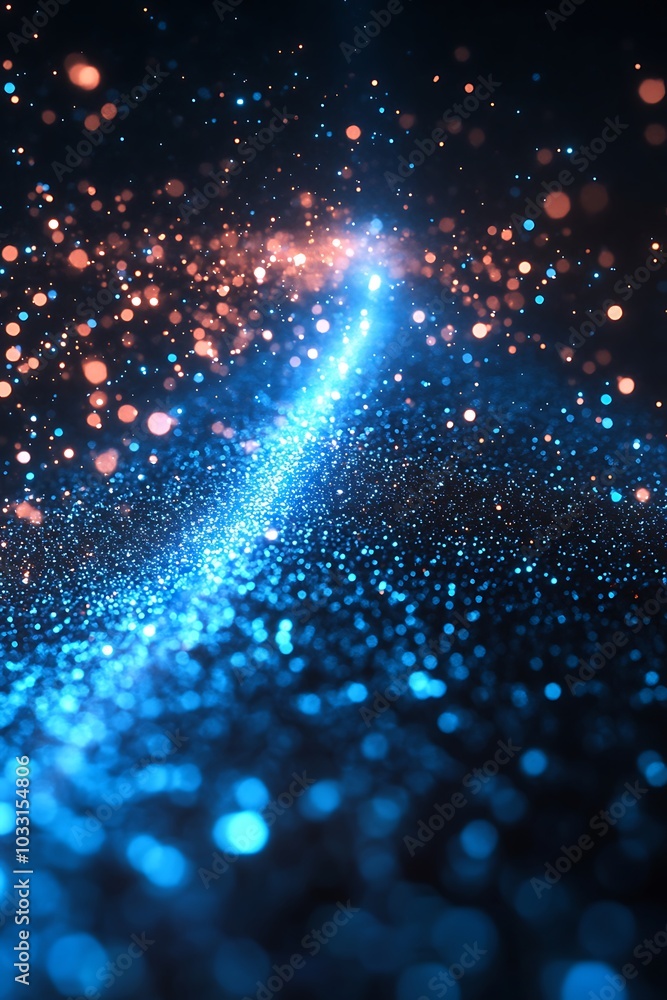 Poster a vibrant display of blue and orange particles creating a shimmering effect, resembling a cosmic or 